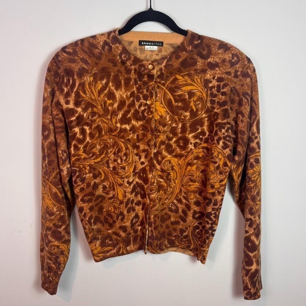 Vintage Theomiles Womens Lambswool Angora Brown Animal Print Cardigan sz MED Y2K